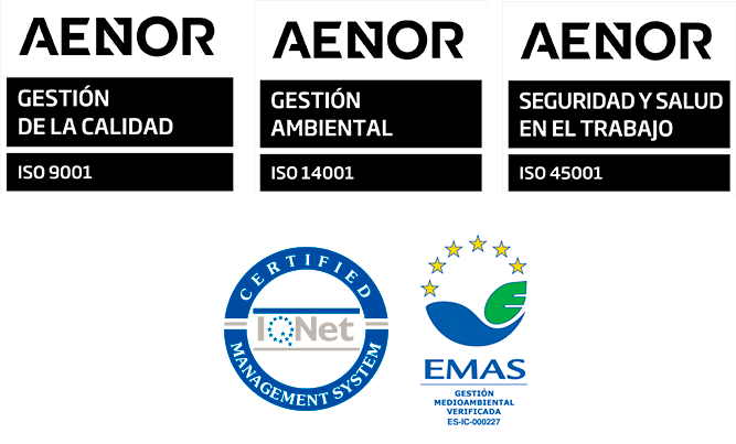 Logos de calidad Aenor ISO 9001, ISO 14001, ER OHSAS 18001 e IQNET